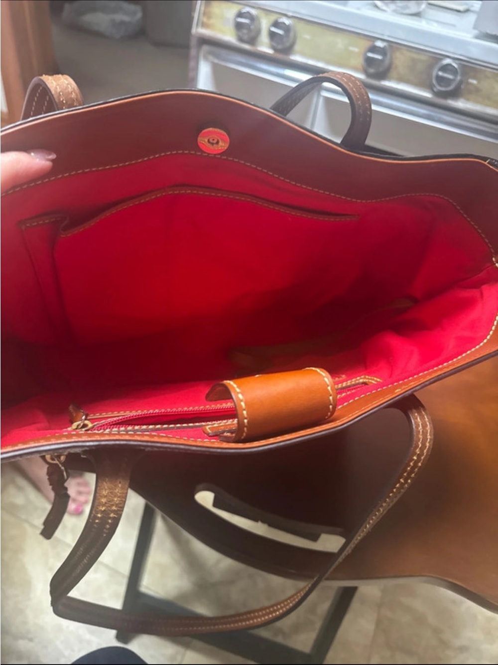 Dooney & Bourke Navy Pebbled Tote with Brown Trim - Picture 5 of 5